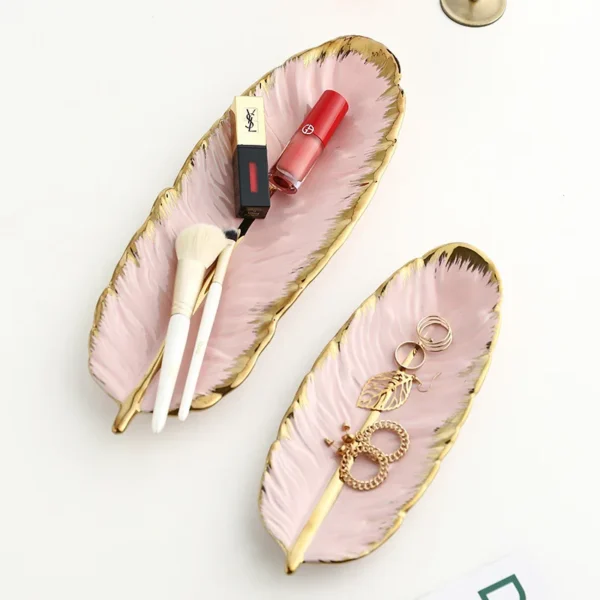 Luxury Ceramic Platter Storage Tray with Glod Rim Green Leaf Glod Feather Jewelry Makeup Brush Storage Decorative Sushi Plate - Image 4