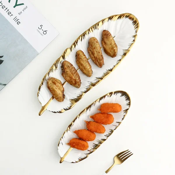 Luxury Ceramic Platter Storage Tray with Glod Rim Green Leaf Glod Feather Jewelry Makeup Brush Storage Decorative Sushi Plate - Image 5
