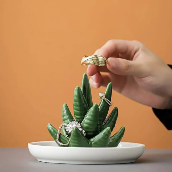 Set of 2 Aloe and Cactus Ring Holder Dish, Ceramic Plant Jewelry Dish Bracelet Earrings Necklace Organizer Tray, Decorative Dish - Image 4