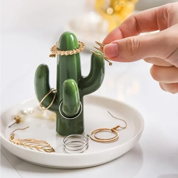Set of 2 Aloe and Cactus Ring Holder Dish, Ceramic Plant Jewelry Dish Bracelet Earrings Necklace Organizer Tray, Decorative Dish - Image 2