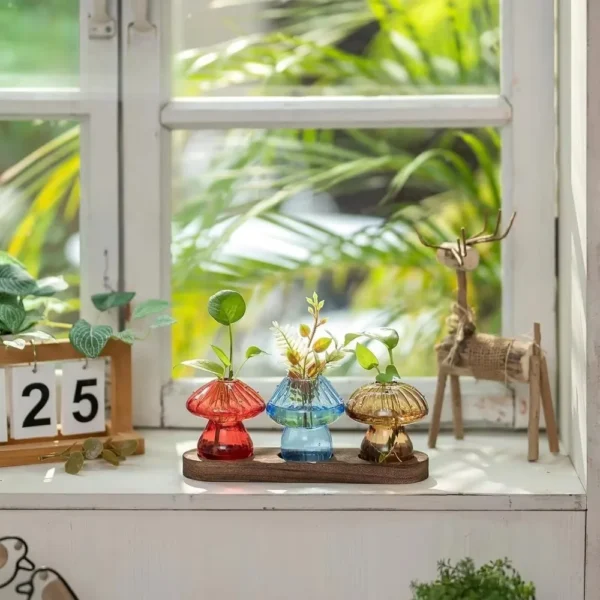 Mushroom Glass Planter Vase with Wooden Base Cute Indoor Greenery Plant Propagation Stations Flowers,Hydroponics & Home Decor - Image 5