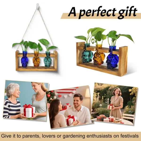 Plant Propagation Stations Hydroponics Halloween Decorations Skull Planter Vase Skulls Home Decor with Wooden Stand Gift - Image 5