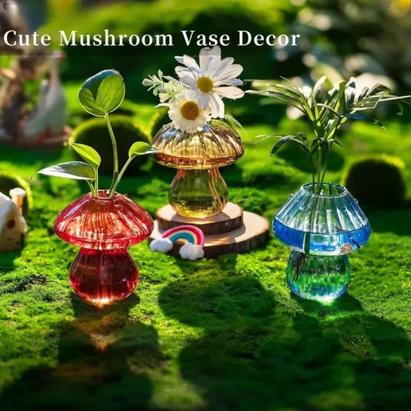 Mushroom Glass Planter Vase with Wooden Base Cute Indoor Greenery Plant Propagation Stations Flowers,Hydroponics & Home Decor - Image 6