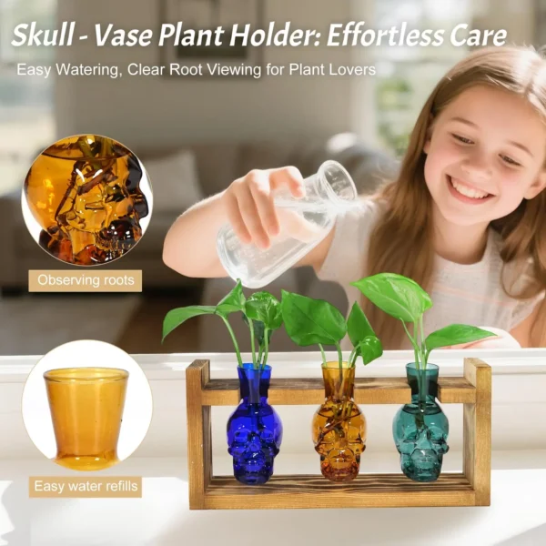 Plant Propagation Stations Hydroponics Halloween Decorations Skull Planter Vase Skulls Home Decor with Wooden Stand Gift - Image 3