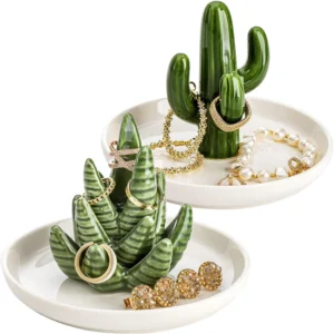 Set of 2 Aloe and Cactus Ring Holder Dish, Ceramic Plant Jewelry Dish Bracelet Earrings Necklace Organizer Tray, Decorative Dish