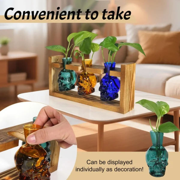 Plant Propagation Stations Hydroponics Halloween Decorations Skull Planter Vase Skulls Home Decor with Wooden Stand Gift - Image 4