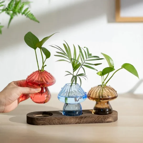 Mushroom Glass Planter Vase with Wooden Base Cute Indoor Greenery Plant Propagation Stations Flowers,Hydroponics & Home Decor - Image 2