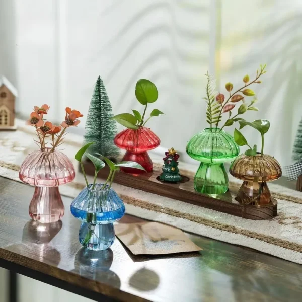 Mushroom Glass Planter Vase with Wooden Base Cute Indoor Greenery Plant Propagation Stations Flowers,Hydroponics & Home Decor - Image 3