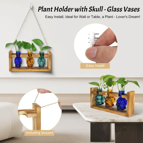 Plant Propagation Stations Hydroponics Halloween Decorations Skull Planter Vase Skulls Home Decor with Wooden Stand Gift - Image 6