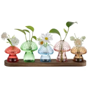 Mushroom Glass Planter Vase with Wooden Base Cute Indoor Greenery Plant Propagation Stations Flowers,Hydroponics & Home Decor
