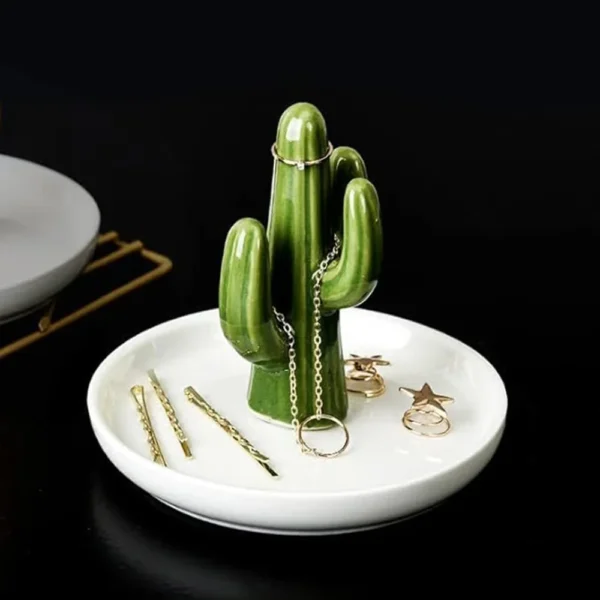Set of 2 Aloe and Cactus Ring Holder Dish, Ceramic Plant Jewelry Dish Bracelet Earrings Necklace Organizer Tray, Decorative Dish - Image 3