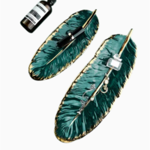 Gold Rim Green Leaf Ceramic Jewelry Tray