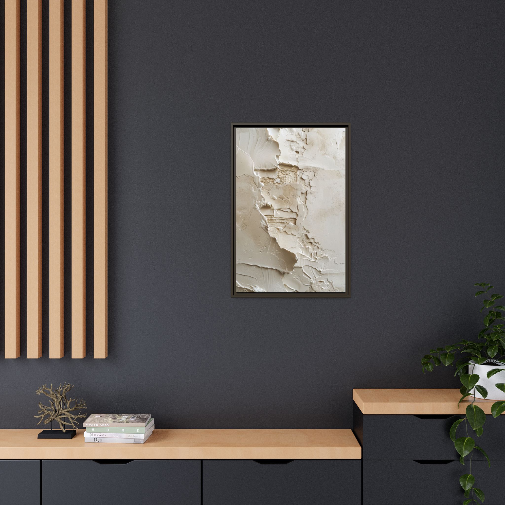 Textured Neutral Abstract Canvas | Espresso Framed Plaster Wall Art - Image 8