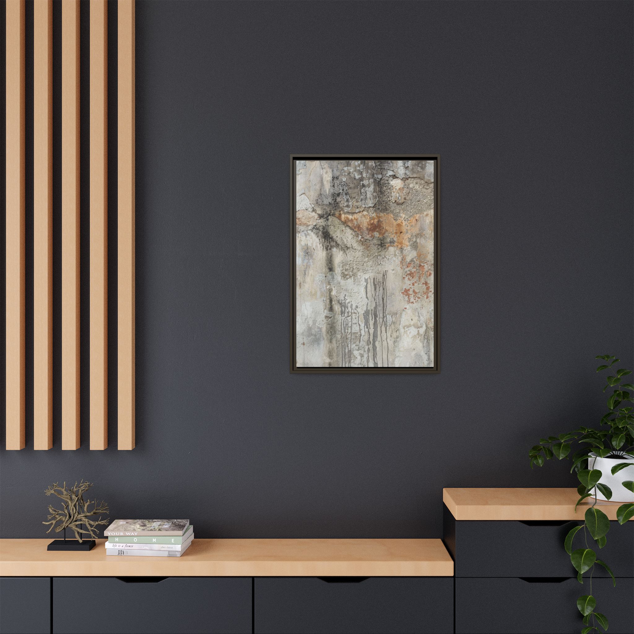 Weathered Stone Abstract Canvas | Espresso Framed Earth Tone Wall Art - Image 4