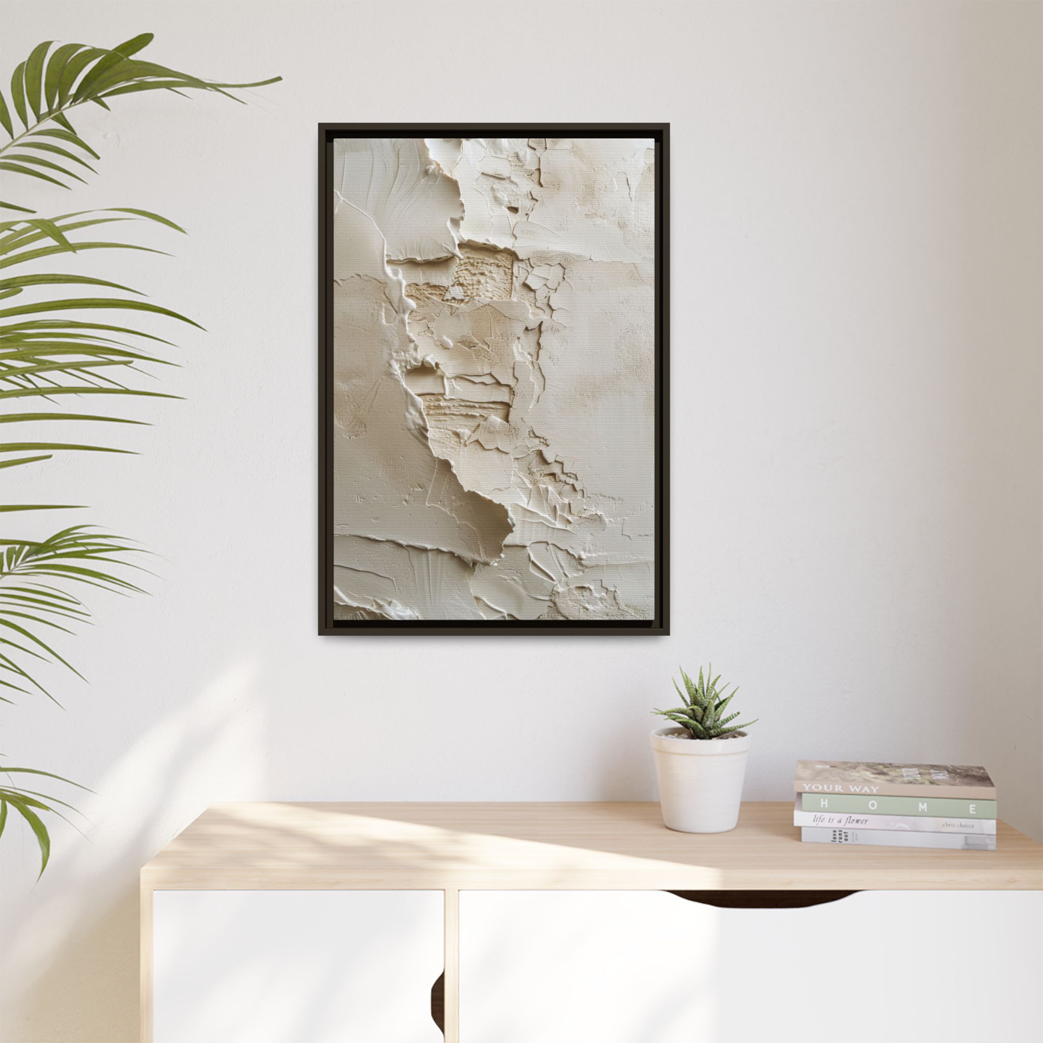 Textured Neutral Abstract Canvas | Espresso Framed Plaster Wall Art - Image 7