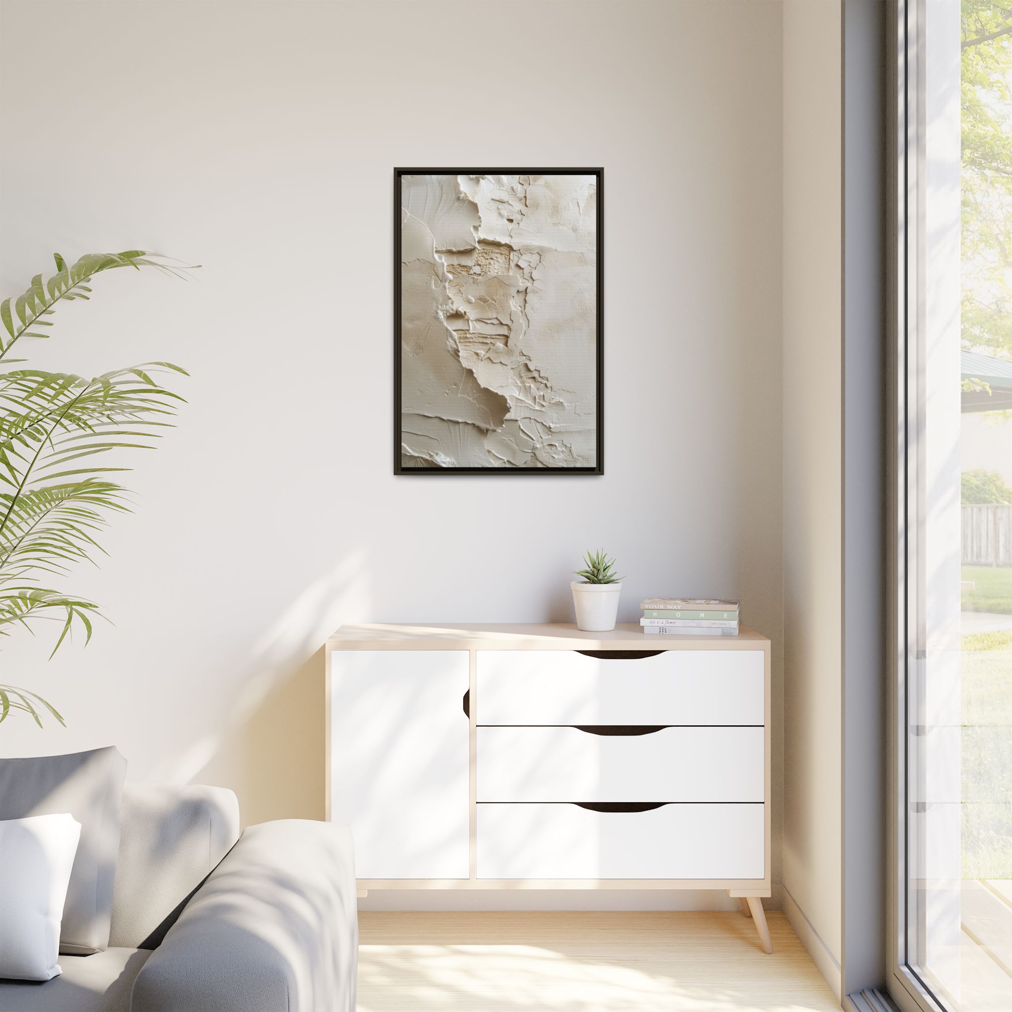 Textured Neutral Abstract Canvas | Espresso Framed Plaster Wall Art - Image 3