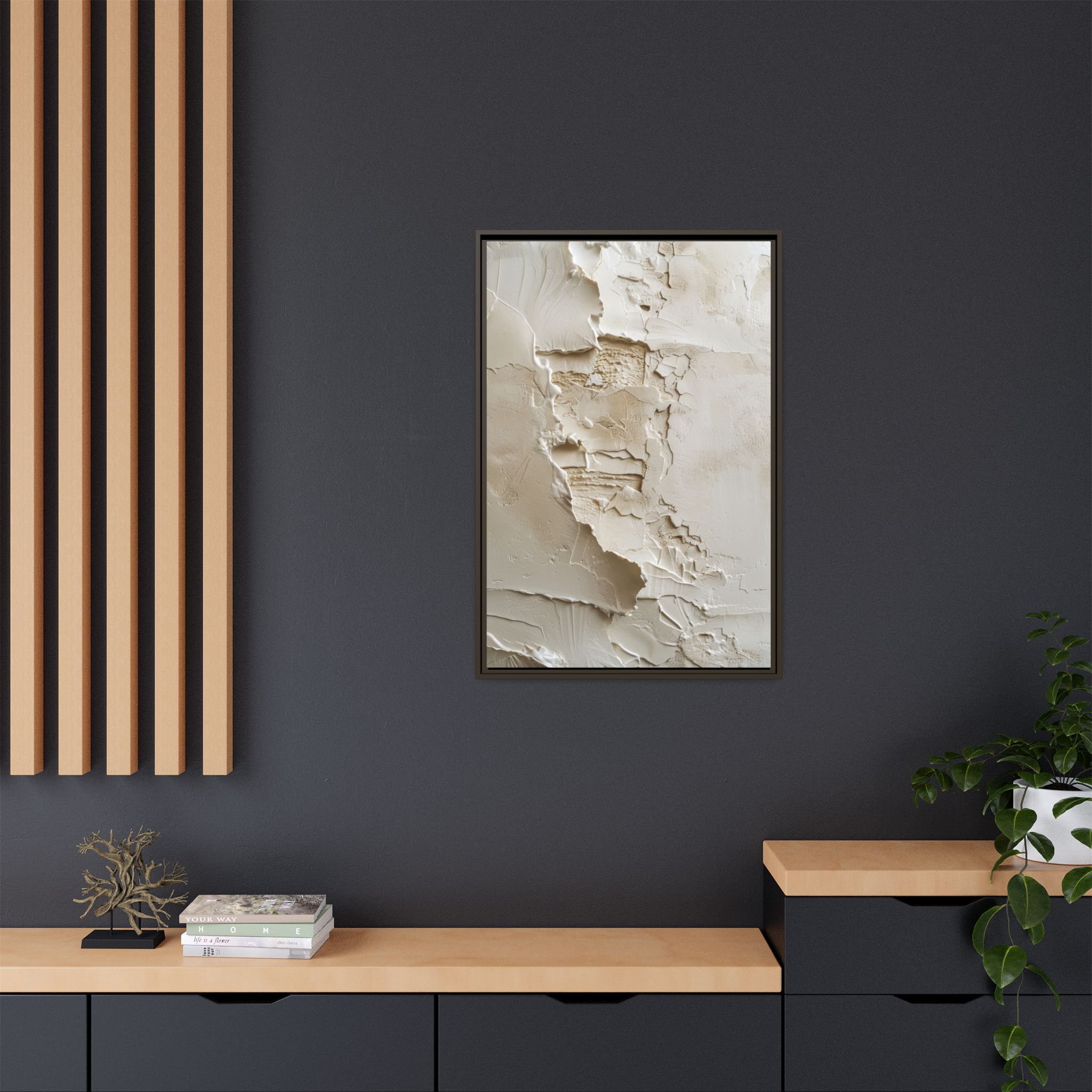 Textured Neutral Abstract Canvas | Espresso Framed Plaster Wall Art - Image 4