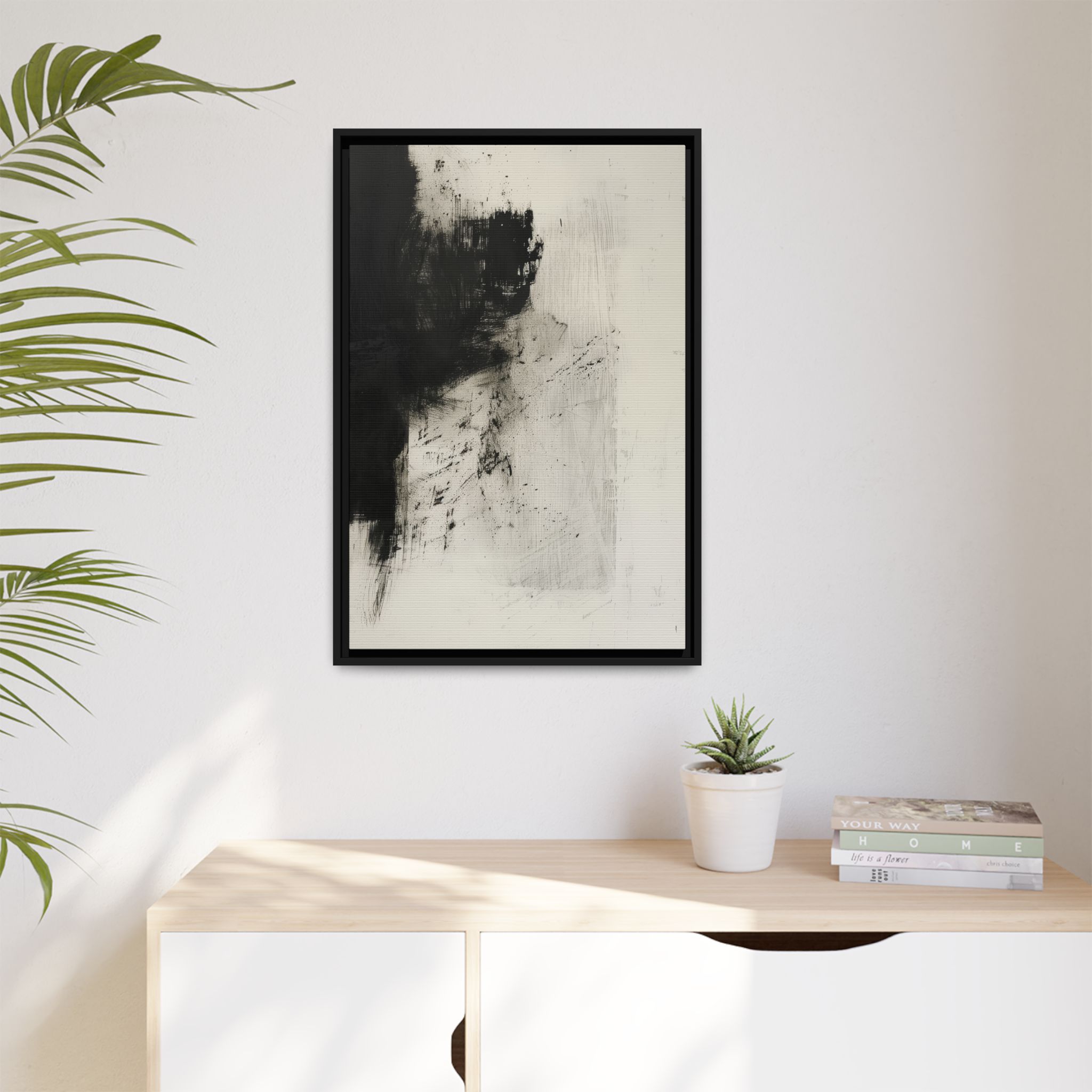 Black & Ivory Textured Abstract Canvas | Minimal Framed Wall Art - Image 3