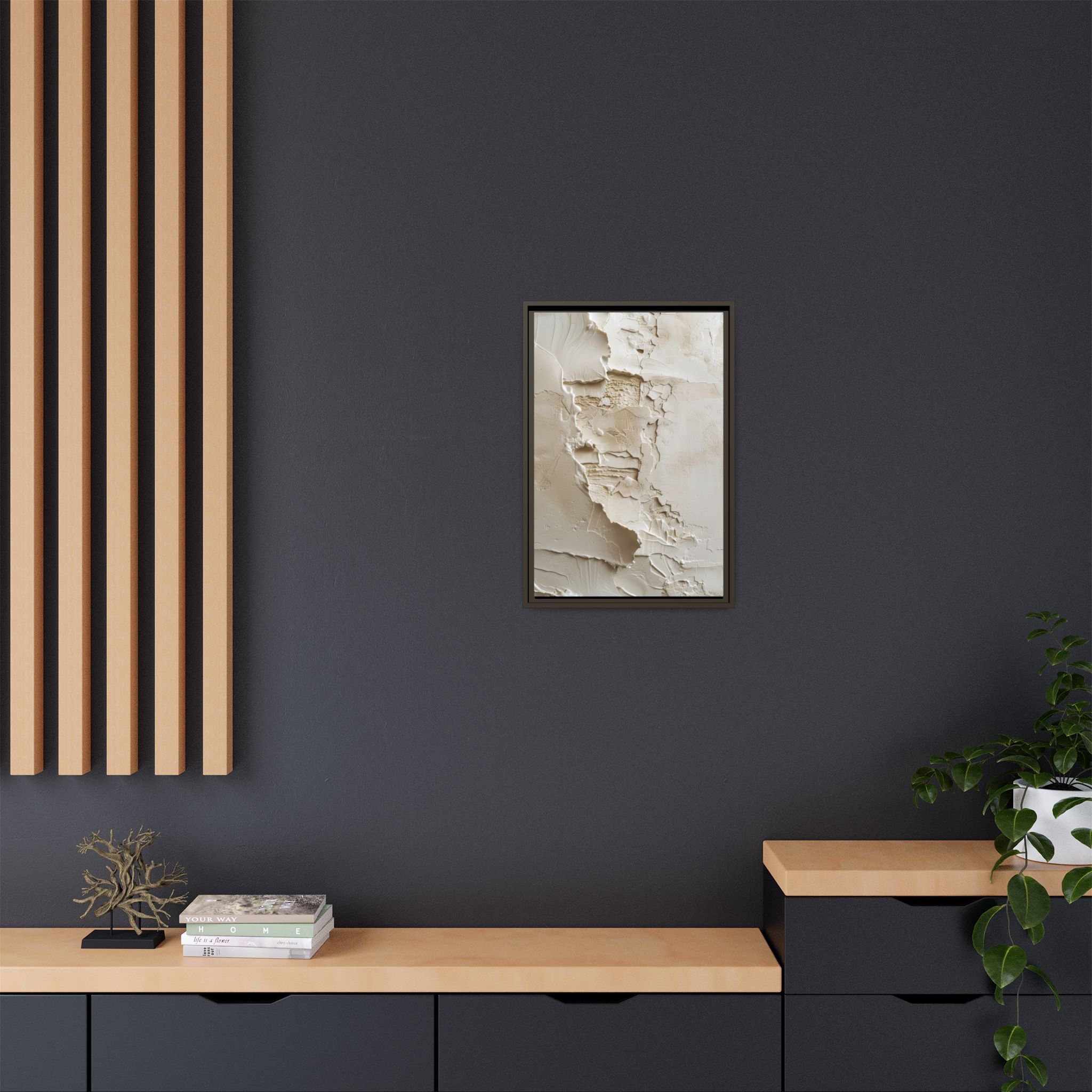 Textured Neutral Abstract Canvas | Espresso Framed Plaster Wall Art - Image 12